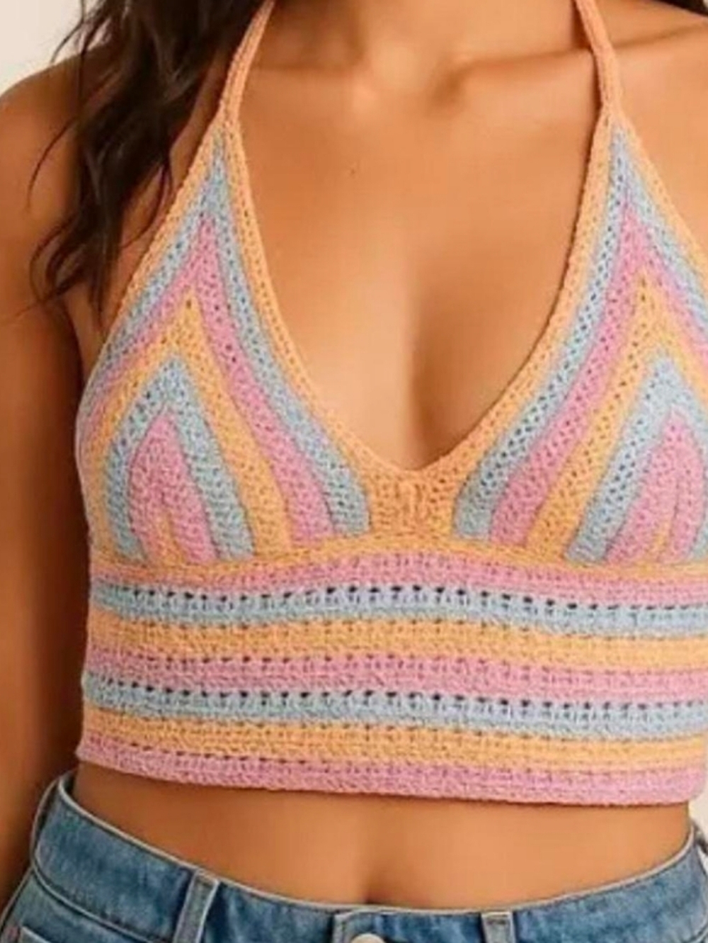 Hollister Crochet Rainbow Halter Crop Top Size Medium